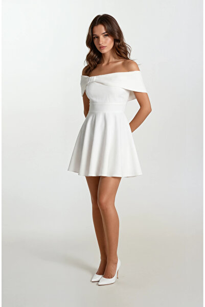 Spazio Evison Kayık Yaka Düşük Kol Kısa Abiye Elbise BEYAZ