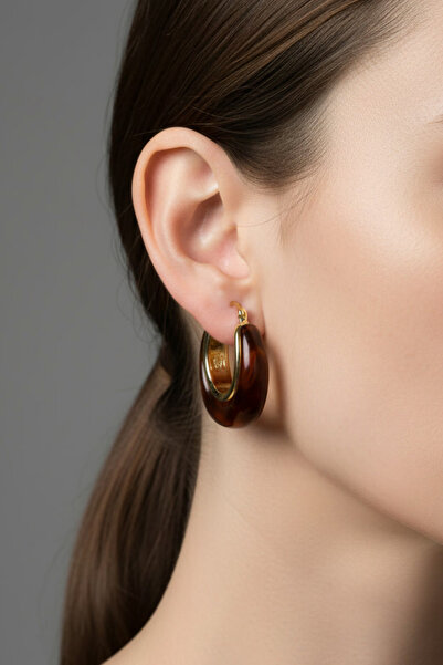 BHR AKSESUAR Gold Brown Resin Hoop Earrings (2 cm)