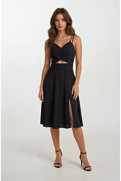 Spazio Cavallin Kruvaze Askılı Kısa Abiye Elbise SİYAH