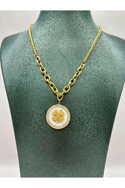 aurora dükkan قلادة سلسلة البرسيم الذهبية اللؤلؤية من الفولاذ