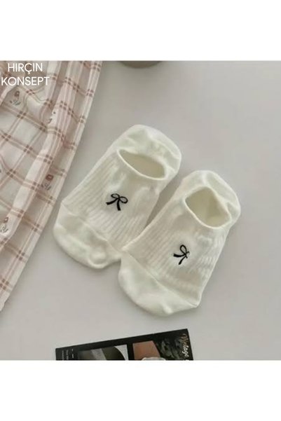 hırçın Women's 5 Pairs Premium Bowknot Flower and Heart Patterned Ballerina Socks Candy White