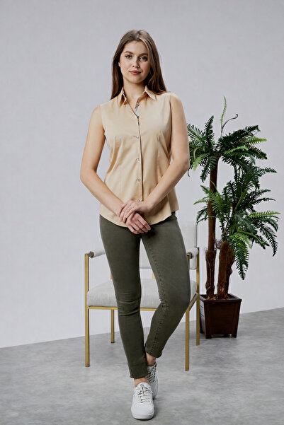 FARQIN Beige Cotton Satin Burbery Fabric and Button Detailed Zero Sleeve Slim...