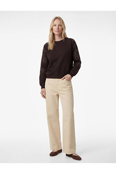 Koton Uzun Kollu Çiçekli Boncuk İşlemeli Bisiklet Yaka Oversize Sweatshirt