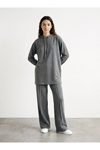 Benin Dikiş Detaylı Kapüşonlu Eşofman Takım - Gri melanj -