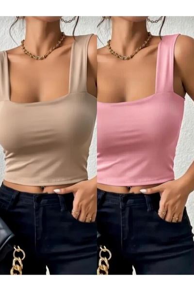 Olyssia Pachet de 2 crop top-uri cu bretele roz și nurcă pentru femei / Busti...