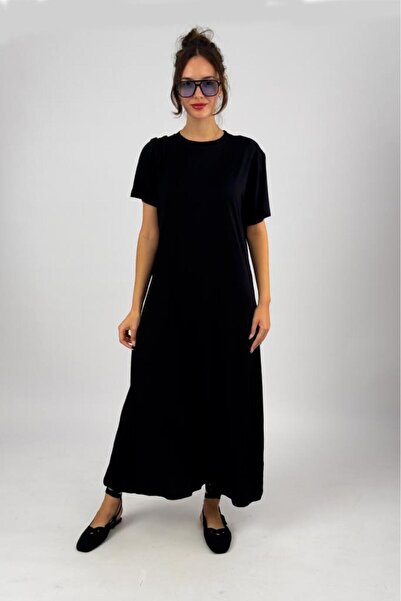 Betimoda Kadın Kısa Kollu Viskon Midi Boy Bisiklet Yaka Elbise Siyah