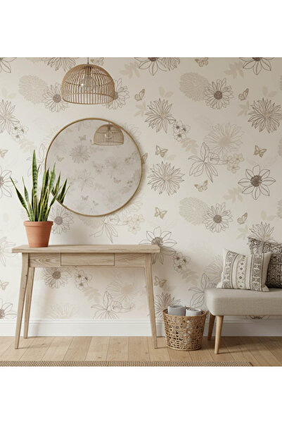 Genel Markalar Krem Kahve Tonu Çiçek Desen Dokulu Duvar Kağıdı 54064