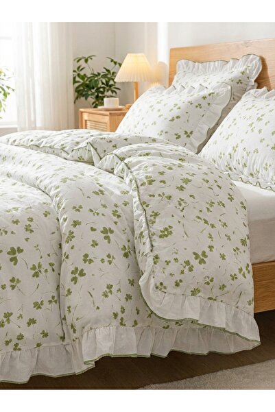 BESTİNA GOLD Çift Kişilik Nevresim Seti %100 Pamuklu Süs Overloklu Fırfırlı
