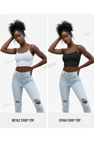 Shiron Sportswear&Company Bustieră crop cu bretele din frânghie din țesătură modal alb-negru pentru femei Pachet economic de 2