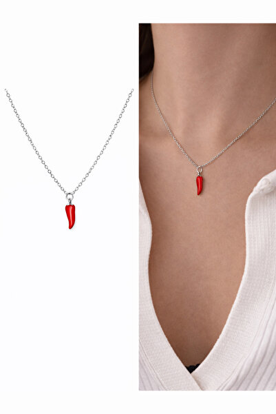 Arsaley Collection Kırmızı Biber Charm Çelik Zincirli Kadın Kolye (45 cm) – S...