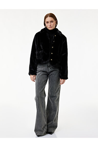 Koton Long Sleeve Pocket Buttoned Faux Fur Short Coat