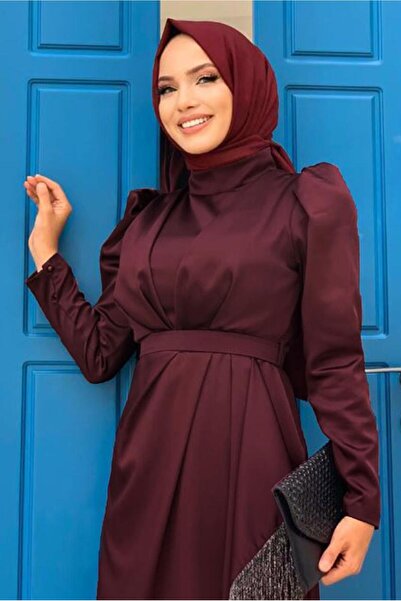 TRENDTESETTÜR KADIN BORDO KEMERLİ PÜSKÜLLÜ SATEN ABİYE ELBİSE T 3673