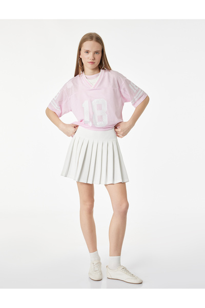 Koton Oversized V-Neck Short Sleeve Printed Mesh T-Shirt