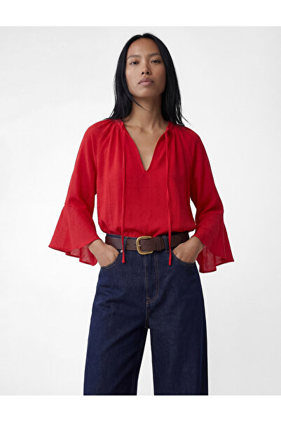 Koton Μπλούζα με κορδόνια με στρογγυλή λαιμόκοψη από βισκόζη με βολάν και μαν...