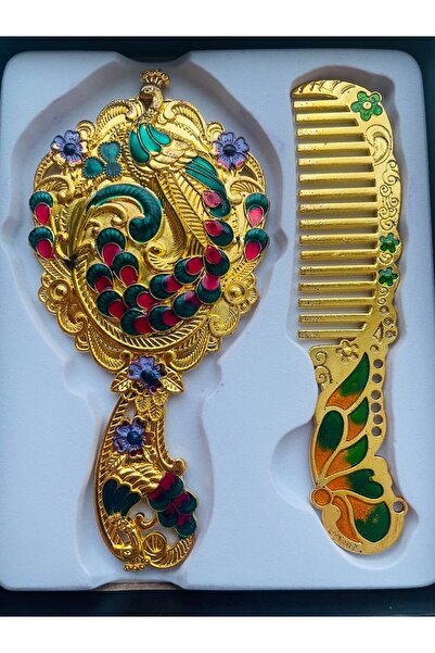 GALATA GIFT Ayna Tarak Seti, Tavuskuşu, Metal, Çeyizlik, Hediyelik Set, Minel...