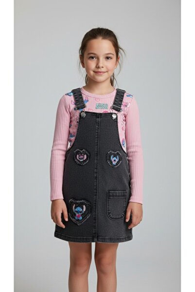 LİLLYPİCCA Girl's Printed Corded Fabric Badi and Embroidered Denim Salopet Set