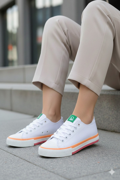 Benetton ® İTHAL Beyaz Turuncu Kadın Keten Spor Ayakkabı BNI-10031