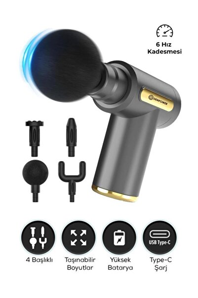 DEMPOWER Titreşimli Masaj Tabancası 4 Başlıklı Gri 19x13cm