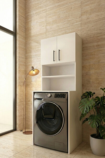 makbulce Papatya Çamaşır Makinesi Dolabı, Banyo Dolabı, 4 Raflı, Kapaklı, Bey...