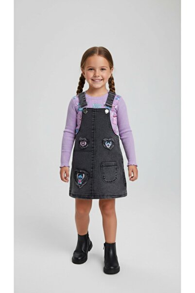 LİLLYPİCCA Girl's Printed Corded Fabric Badi and Embroidered Denim Salopet Set