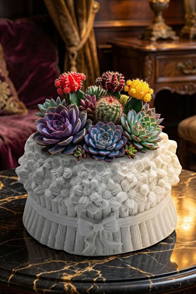 Evene Mini Çiçek Saksı Küçük Sukulent Beyaz Kaktüs Saksısı Çiçekli Fiyonklu M...