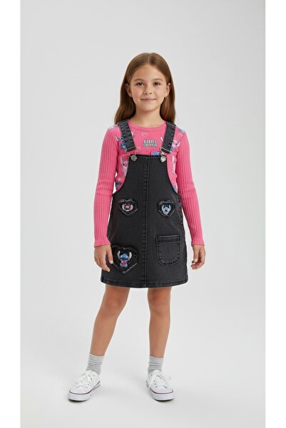 LİLLYPİCCA Girl's Printed Corded Fabric Badi and Embroidered Denim Salopet Set