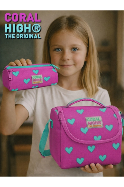 Coral High Neon Pembe Su Yeşili Kalp Desenli Üç Bölmeli Kalem Çantası Ve Thermo Beslenme Çantası