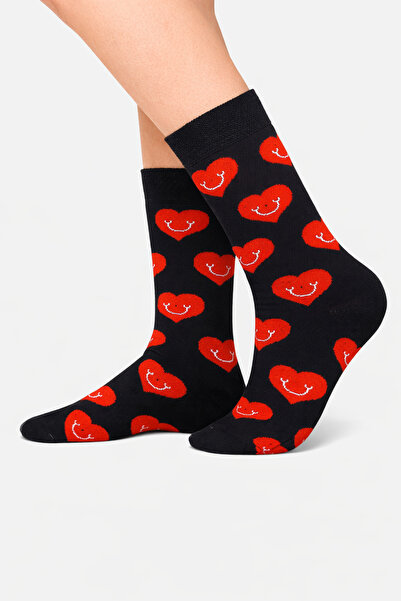 CARNAVAL SOCKS Siyah Kalpli Gülen Yüz Sevgililer Günü Temalı Soket Çorap