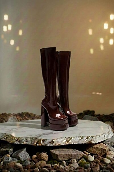 Tarz Topuklar Pennyy Burgundy Suede Дамски ботуши с двойна платформа и дебел ток