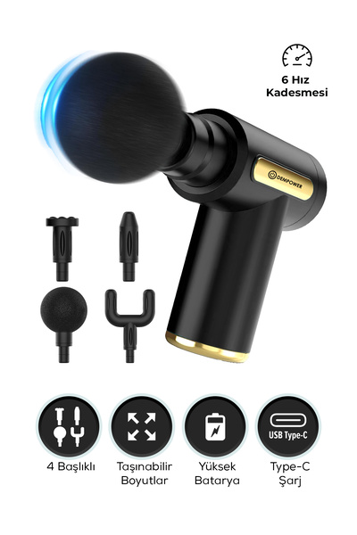 DEMPOWER Titreşimli Masaj Tabancası 4 Başlıklı Siyah 19x13cm