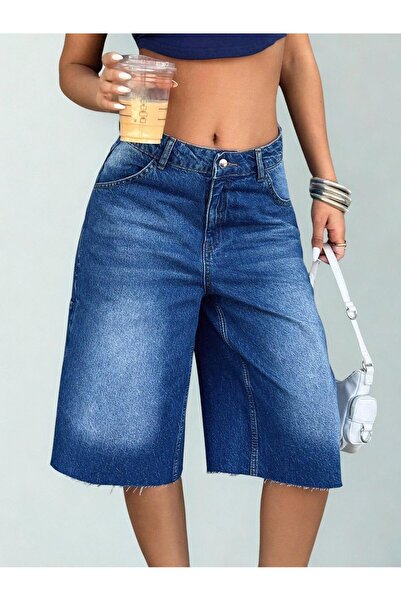 1434 Polo State Mavi Bol Kesim Diz Altı Kot Şort