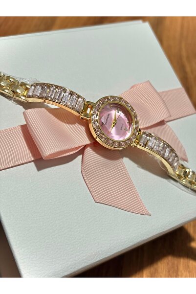 MyleeButik Kadın Pembe Taşlı Yuvarlak Premium Gold Kordon Kol Saati