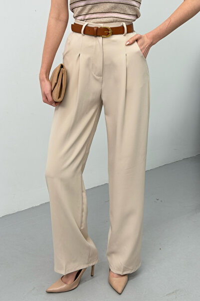 spirituel Women's Pants with Belt, Pleated Detail, Double Pockets, Wide Leg P...