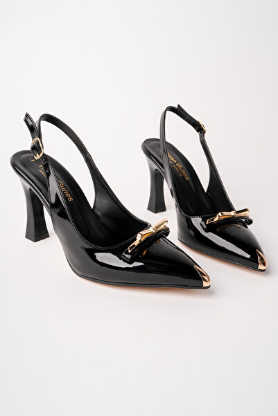 RoseVeno Women's Black Patent Leather Gold Buckle Detailed New Season Heeled ...