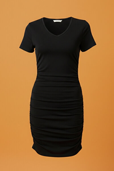 Lesa Wear Kadın Kısa Kollu Boyu Ayarlanabilen Büzgülü Siyah Elbise