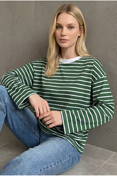 Madmext Green Crew Neck Striped Long Sleeve T-Shirt Mg2362
