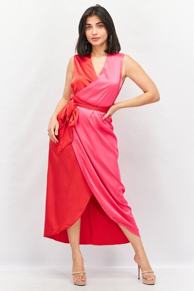Never Fully Dressed فستان نسائي سادة متوسط ​​الطول بتصميم لف، أحمر