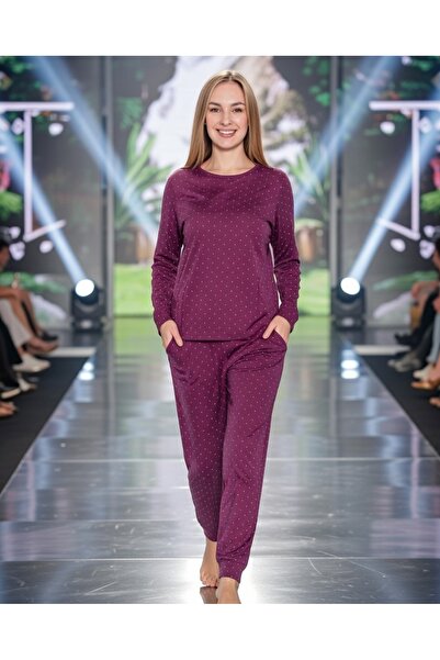 Aydoğan Σετ πιτζάμες με μακρύ μανίκι της σειράς Pure με μπορντό πουά Ναπολί