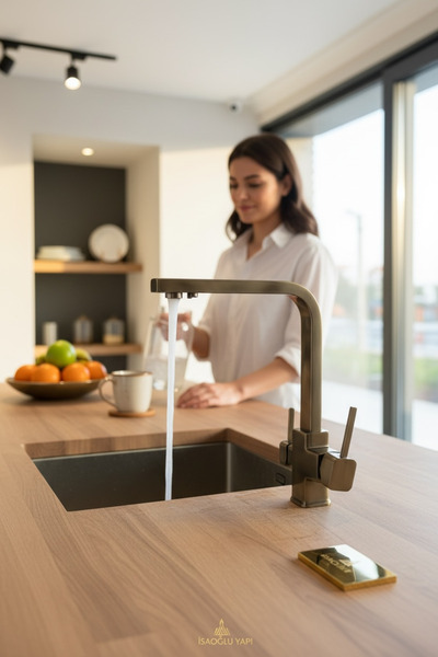 İSAOĞLU YAPI صنبور مطبخ ذهبي عتيق، صنبور حوض منقى، تركيبات مربعة ممتازة