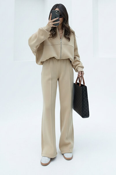 Runades Women's Trend Flared Ç piped Bomber Zippered Tracksuit Set