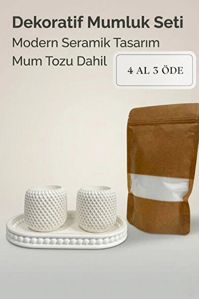 ZURİ DESİGN Bohem Dekoratif Beton Mumluk Seti - Beyaz File Dokulu Tasarım + 1...