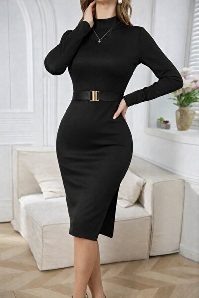 oniks store Women's Long Sleeve Turtleneck Belted Midi Faux Leather Dress