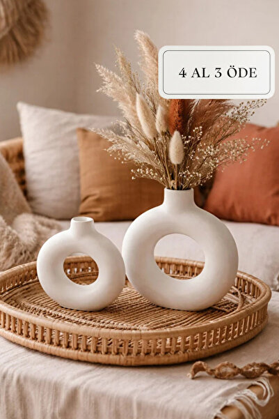 ZURİ DESİGN Dekoratif Beton Donut Vazo 2'li Set - İskandinav Bohem Tarz Halka...