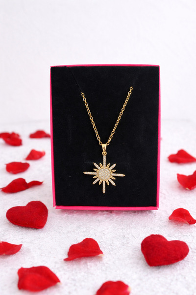 Bellenza Zirkon Taşlı Güneş Figürlü Altın Renk Kadın Kolye Zarif ve Işıltılı ...