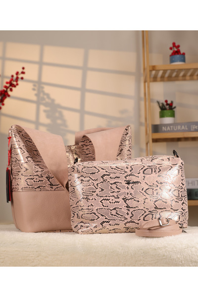 Aksesuarlia Pink Color Patterned Leather Bag - 40158, with Inner Bag, Shoulder Strap, Genuine Leather Bag