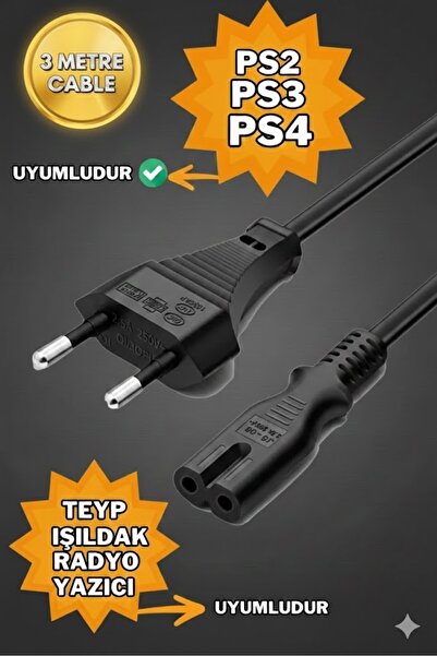 Derwell 3 Metre C7 Güç Kablosu Ps2/ps3/ps4/xbox One S/radyo/tv Işıldak Uyumlu...