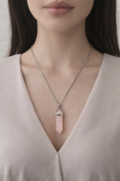 Aurevyn Design Doğal Taş Pembe Kuvars, Altıgen Kolye