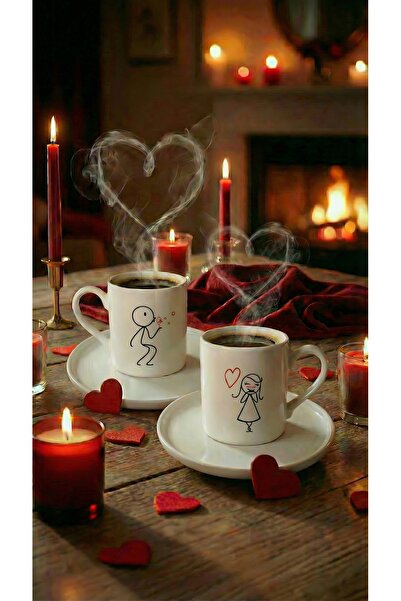 KÜTAHYA HOME 14 February Special Bizbir Stick Porcelain Cup Set for 2 People ...