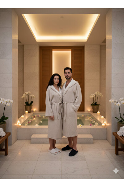 Monochrome Tekstil Kapşonlu 4 Kat Bej -Krem Rengi Müslin Bornoz -Unisex % 100...