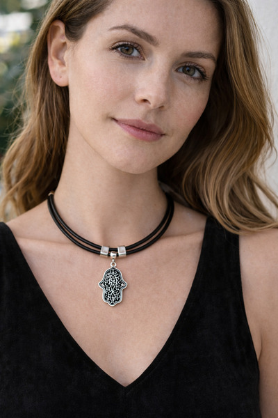 Kutcha Accessories Hakiki Deri Çift Sıra Kolye – Gümüş Kaplama Filigran Fatma...